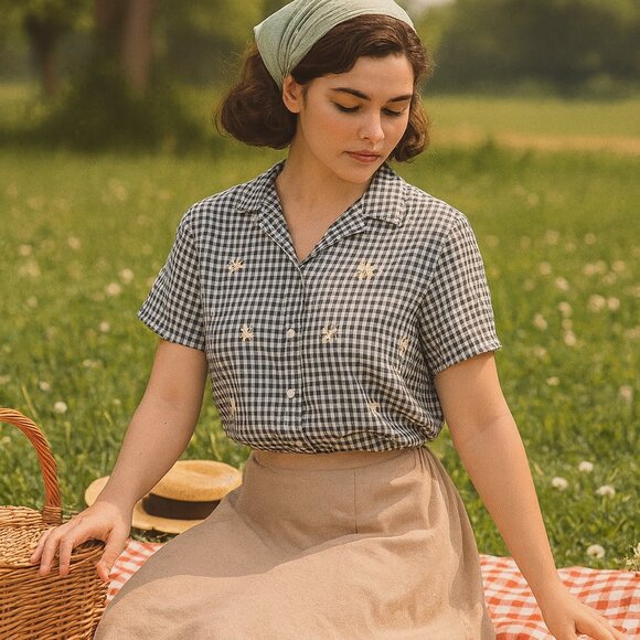 Vintage Tops - Vintage Gingham Floral Embroidered Button Up Top – Back Slit Detail, Modern XL